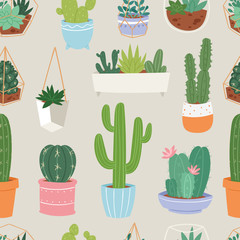 Cactus and succulent flower green home plant seamless pattern floral illustration.