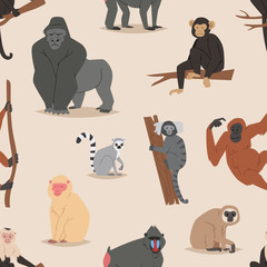 Cartoon monkey character animal wild vector illustration seamless pattern background © partyvector