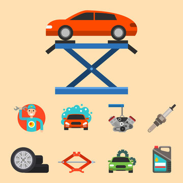 Auto car repair service symbols isolated shop worker maintenance transportation automotive mechanic vector illustration.