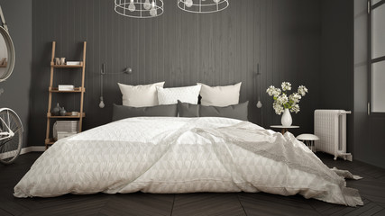 Scandinavian minimalist bedroom with big window and herringbone parquet, white and gray interior design, close-up