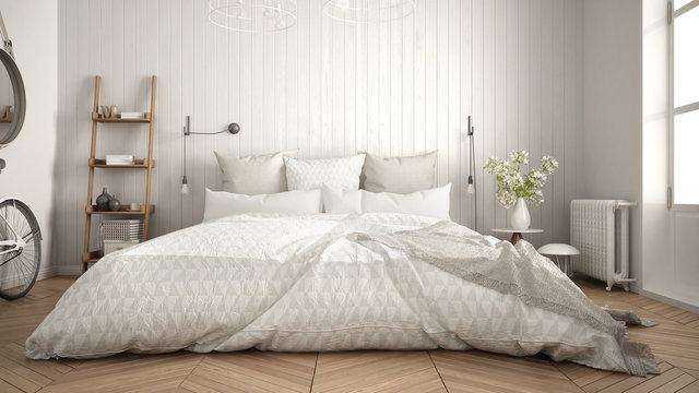 Scandinavian minimalist bedroom with big window and herringbone parquet, white interior design, close-up