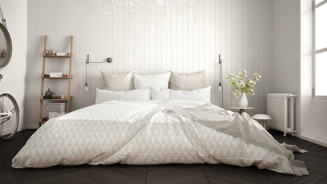 Scandinavian minimalist bedroom with big window and herringbone parquet, white interior design, close-up