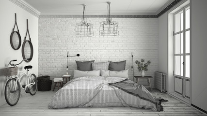 Unfinished project of modern bedroom with cozy double bed and brick wall, scandinavian minimalist architecture interior design