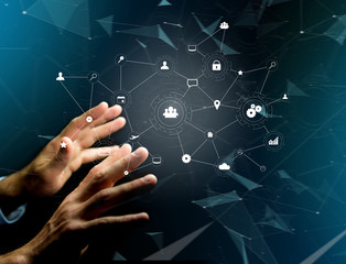 Business network connection displayed on a futuristic interface with technology icon - Worldwide business concept