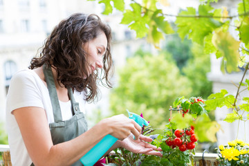 Young woman watering tomatoes on her city balcony garden - Nature and ecology theme