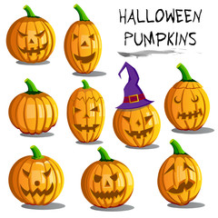 Happy Halloween pumpkins set. Vector illustration on a Halloween theme.