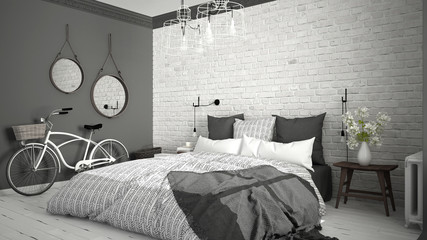 White and gray modern bedroom with cozy double bed, brick wall, wooden floor and big window, scandinavian minimalist architecture vintage interior design, close-up