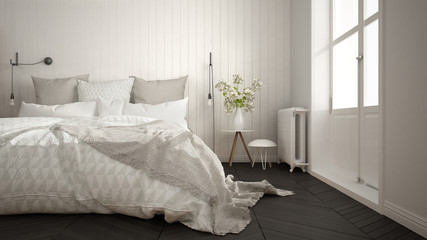 Fototapeta na wymiar Scandinavian minimalist bedroom with big window and herringbone parquet, white and gray interior design, close-up