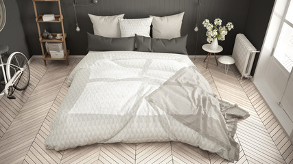 Scandinavian minimalist bedroom with big window and herringbone parquet, white and gray interior design, top view