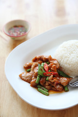 fried pork with thai curry and rice on wood background , Thai food