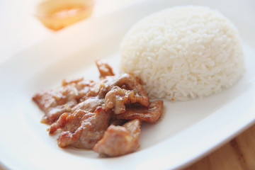 fried pork with garlic and rice on wood background , Thai food