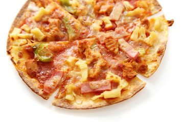 pizza , chicken green pepper pineapple isolated in white background