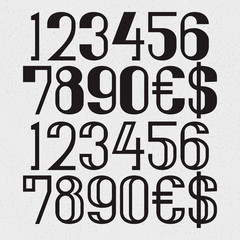 Two types of black numbers with dollar and euro symbols - full and hollow.