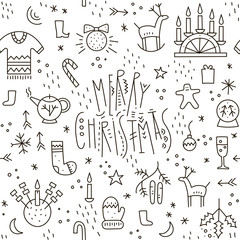 Vector monoline seamless pattern of cute Christmas symbols with trendy lettering on a white background.