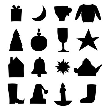Vector set of simple silhouettes of New Year and Christmas symbols. For applique, stencil.