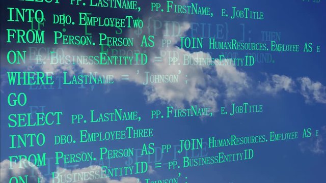 Cloud computing concept. Software source programming code over cloud sky. Developer working on program codes. Technology background. Two layers with different codes. Side angle view.