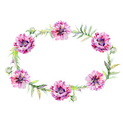Wildflower poppy flower wreath in a watercolor style. Full name of the plant: pink poppy. Aquarelle wild flower for background, texture, wrapper pattern, frame or border.
