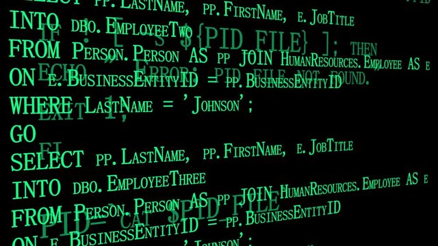 Software source programming code on a black computer screen. Developer working on program codes in office. Technology background. Two layers with different codes. Ready for overlay. Side angle view.