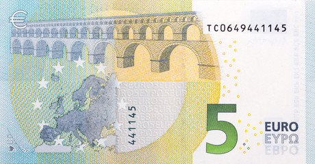 Five euro banknote, back side.