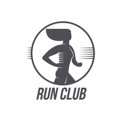 Sportive woman jogging, running marathon brand, logo design icon pictrogram silhouette. Female adult character illustration with run club inscription. Isolated flat illustration on a white background.