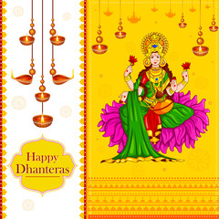 Goddess lakshmi sitting on lotus for Happy Diwali festival holiday celebration of India greeting background