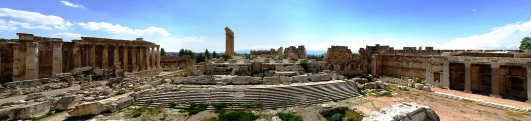aerial panorama of Ruins of Jupiter temple and great court of Heliopolis at Baalbek, Bekaa valley...