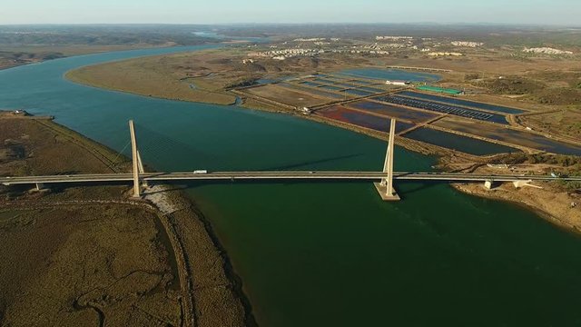 Aerial. Bridge over Guadiana view from sky. Border Spain Portugal.