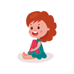 Adorable redhead little girl sitting on the floor playing with letter A, kid learning through fun and play colorful cartoon vector Illustration