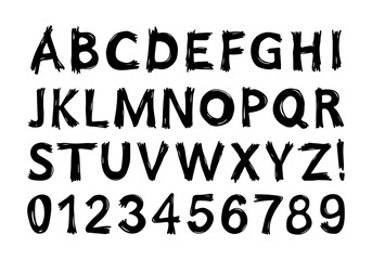 Hand drawn alphabet with numerals. Scary font with scratches for halloween cards and posters. Vector illustration.