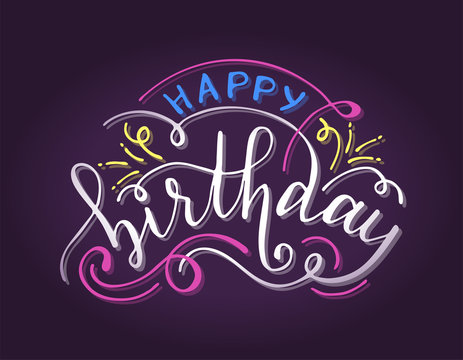 Hand drawn lettering. Happy birthday congratulation with flourishes elements. Vector illustration.