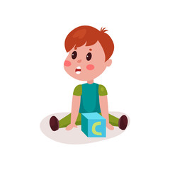 Cute little boy sitting on the floor playing with block toy, kid learning through fun and play colorful cartoon vector Illustration