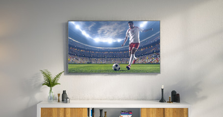 3D illustration of a living room led tv on white wall showing soccer game moment .