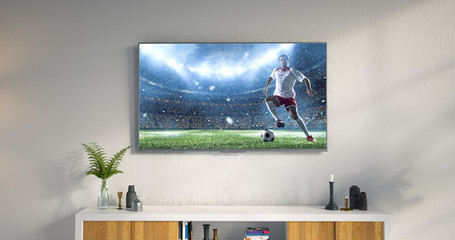 3D illustration of a living room led tv on white wall showing soccer game moment . - obrazy, fototapety, plakaty