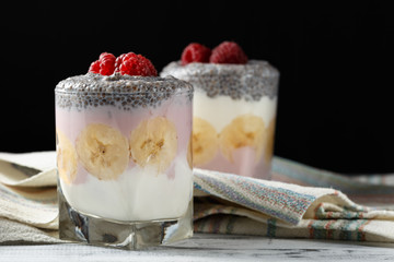 Yogurt with chia seed pudding and fruits