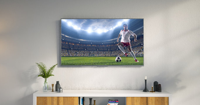 3D illustration of a living room led tv on white wall showing soccer game moment .