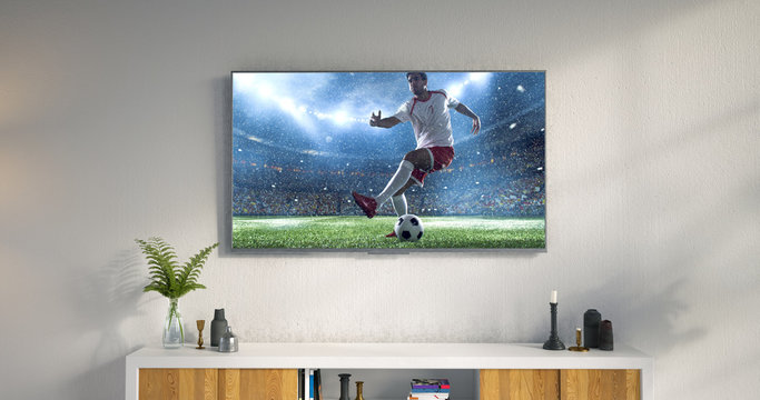 3D illustration of a living room led tv on white wall showing soccer game moment .