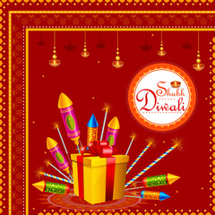 Colorful fire cracker with decorated diya for Happy Diwali festival holiday celebration of India greeting background
