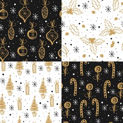 Materiał do szycia Set of hand drawn winter holidays seamless patterns.
