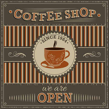 Fototapeta Coffee Shop vector vintage illustration. Label with orange cup of coffee and inscription open.