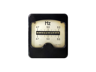Ancient frequency meter measuring the frequency (Xz) isolated on a white background. Vibration,...