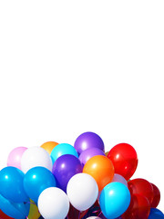 Colorful balloons bunch filled with helium isolated on white vertical background. Bunch of red, blue, white, pink, yellow, orange and violet balloons