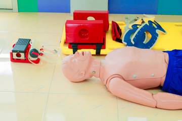 dummy and stretcher in training cpr medical emergency refresher