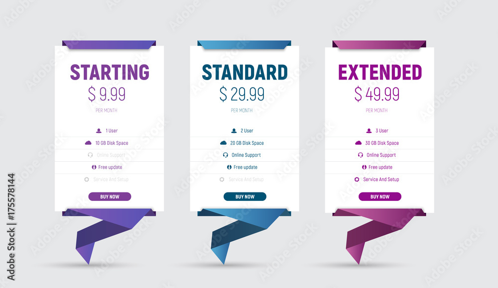 Poster template of vector price tables in origami style on a paper folded leg