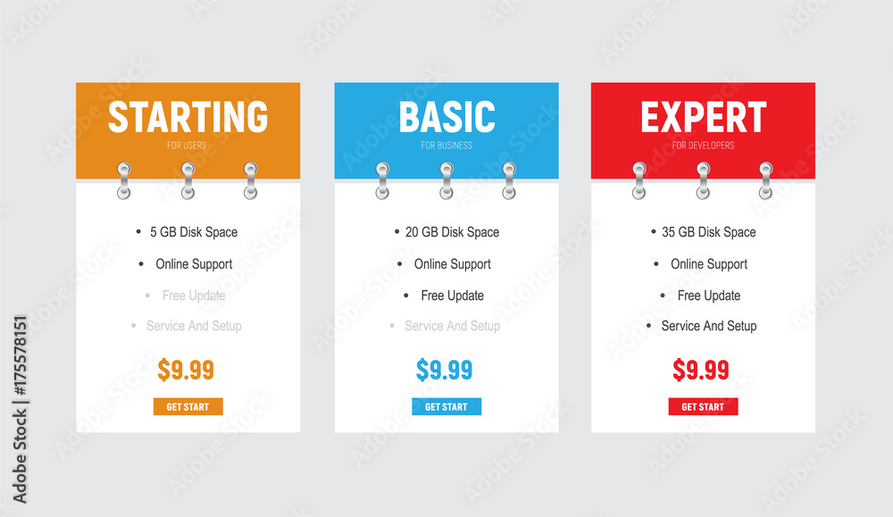 Poster design of vector price tables with a color header and a flipchart on the metalic rings