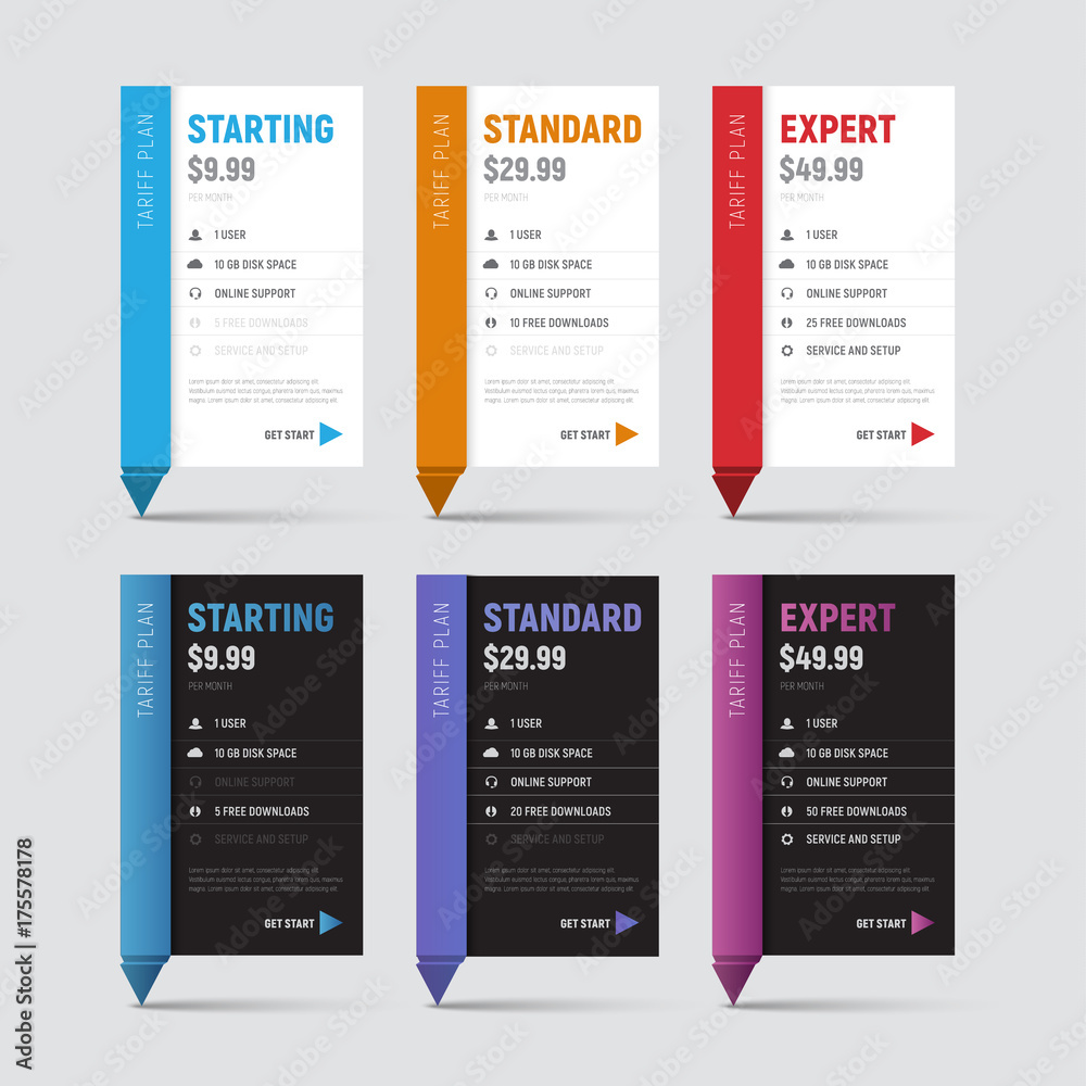 Poster set of white and black price table templates with a colored stem in origami styles