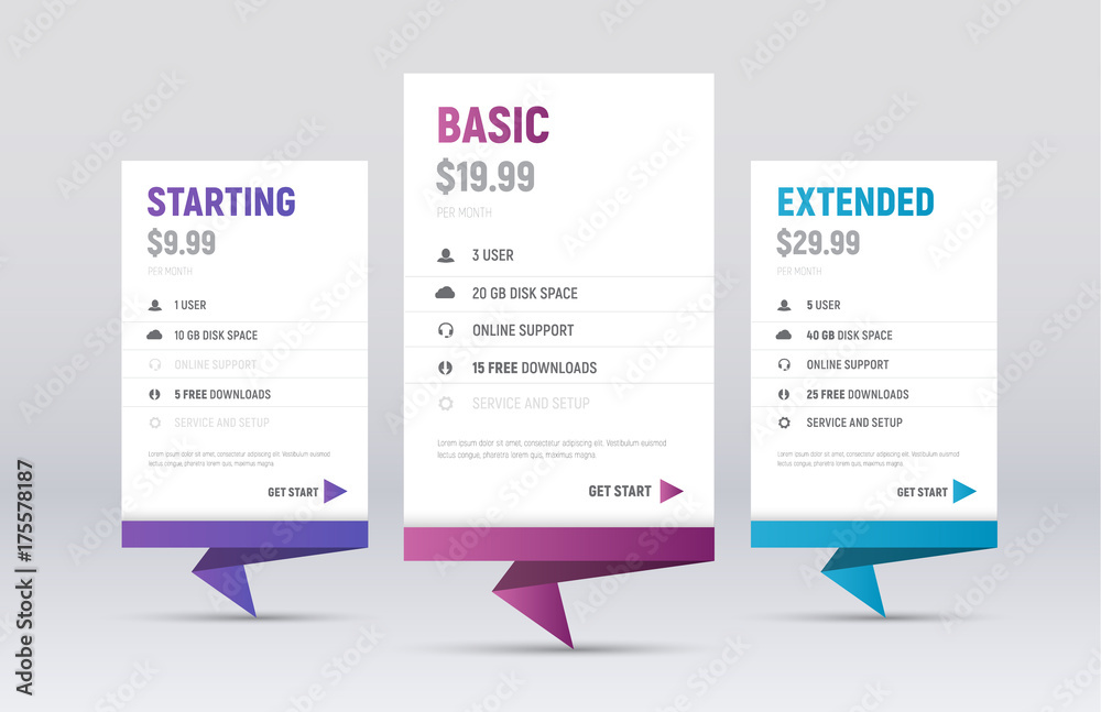 Poster the design of white templates of price tables with a leg in origami styles