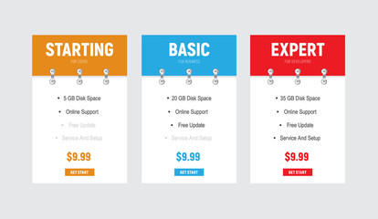 design of vector price tables with a color header and a flipchart on the metalic rings