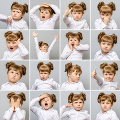 Collage of little cute girl with different emotions and gestures