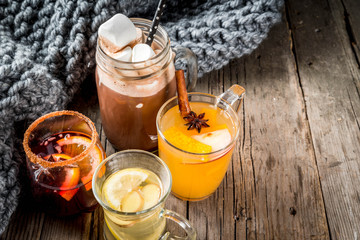 Selection of various autumn traditional drinks: hot chocolate with marshmallow, tea with lemon and...