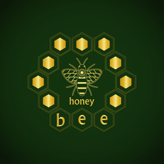 emblem bee design for packing corporate identity dark green background with gold honeycombs